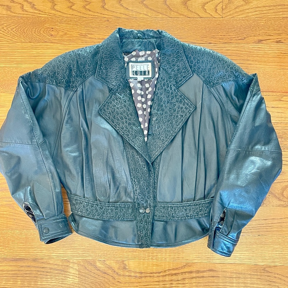 Vintage Crop Black Leather Jacket with Embossed Details